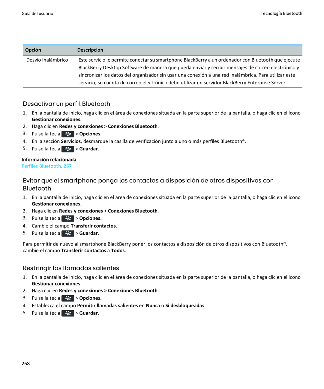 Apple 9360, 9350, 9370 manual Desactivar un perfil Bluetooth, Restringir las llamadas salientes, Desvío inalámbrico 