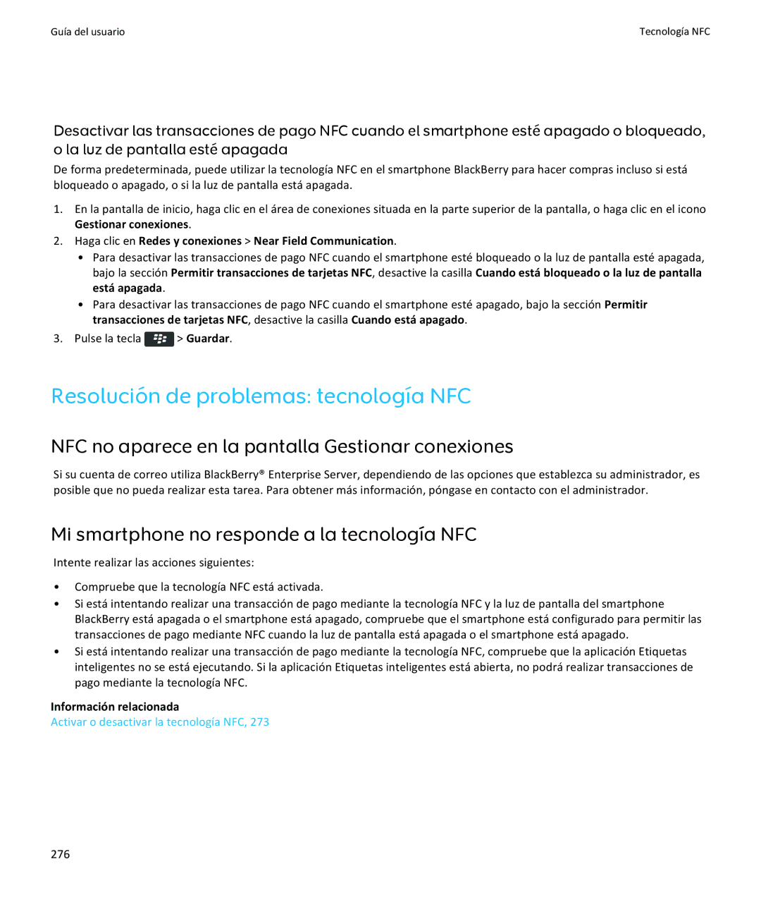 Apple 9370, 9360, 9350 manual Resolución de problemas tecnología NFC, NFC no aparece en la pantalla Gestionar conexiones, 276 