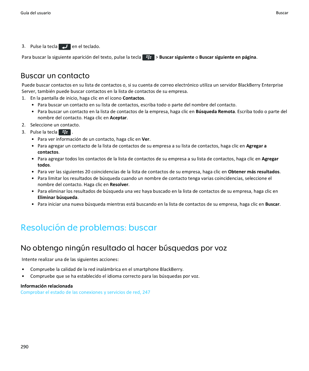 Apple 9350 Resolución de problemas buscar, Buscar un contacto, No obtengo ningún resultado al hacer búsquedas por voz, 290 