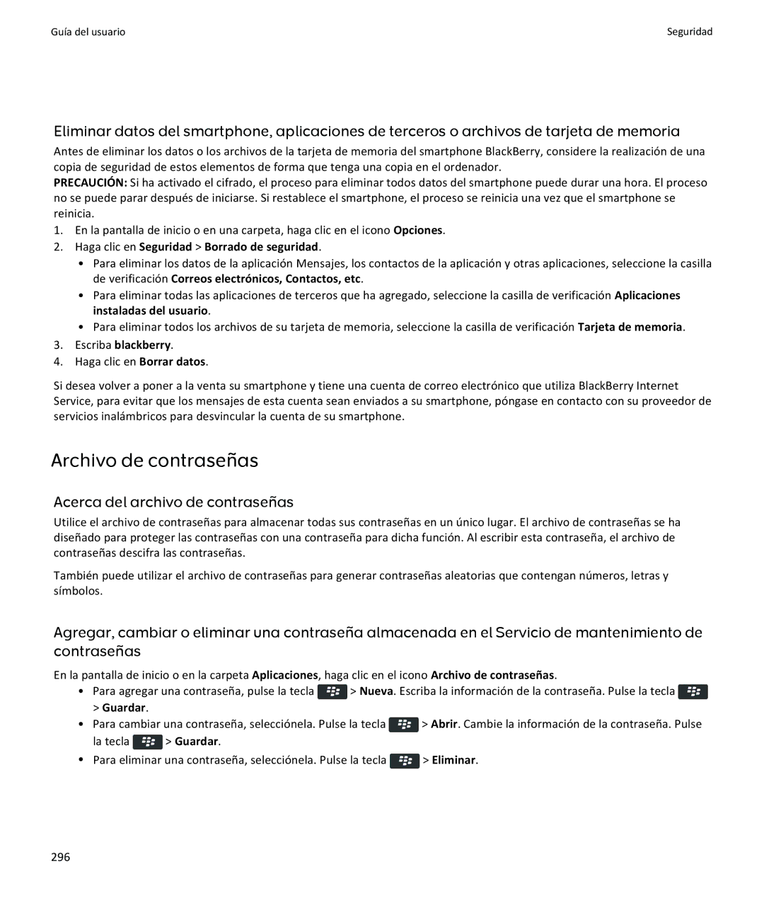 Apple 9350, 9360 Archivo de contraseñas, Acerca del archivo de contraseñas, Haga clic en Seguridad Borrado de seguridad 