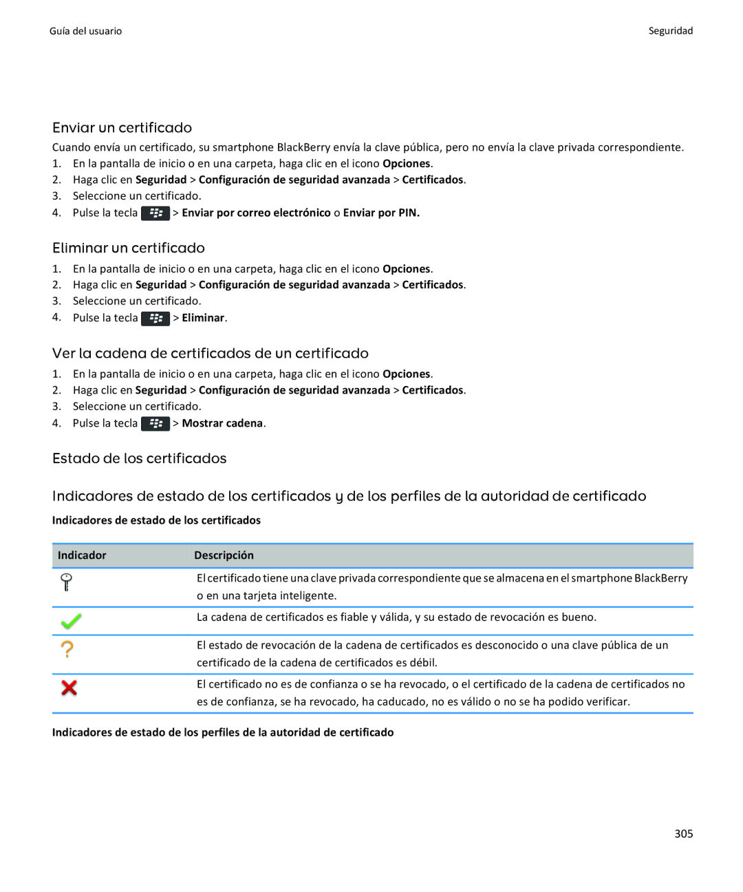 Apple 9350, 9360, 9370 manual Enviar un certificado, Eliminar un certificado, Ver la cadena de certificados de un certificado 