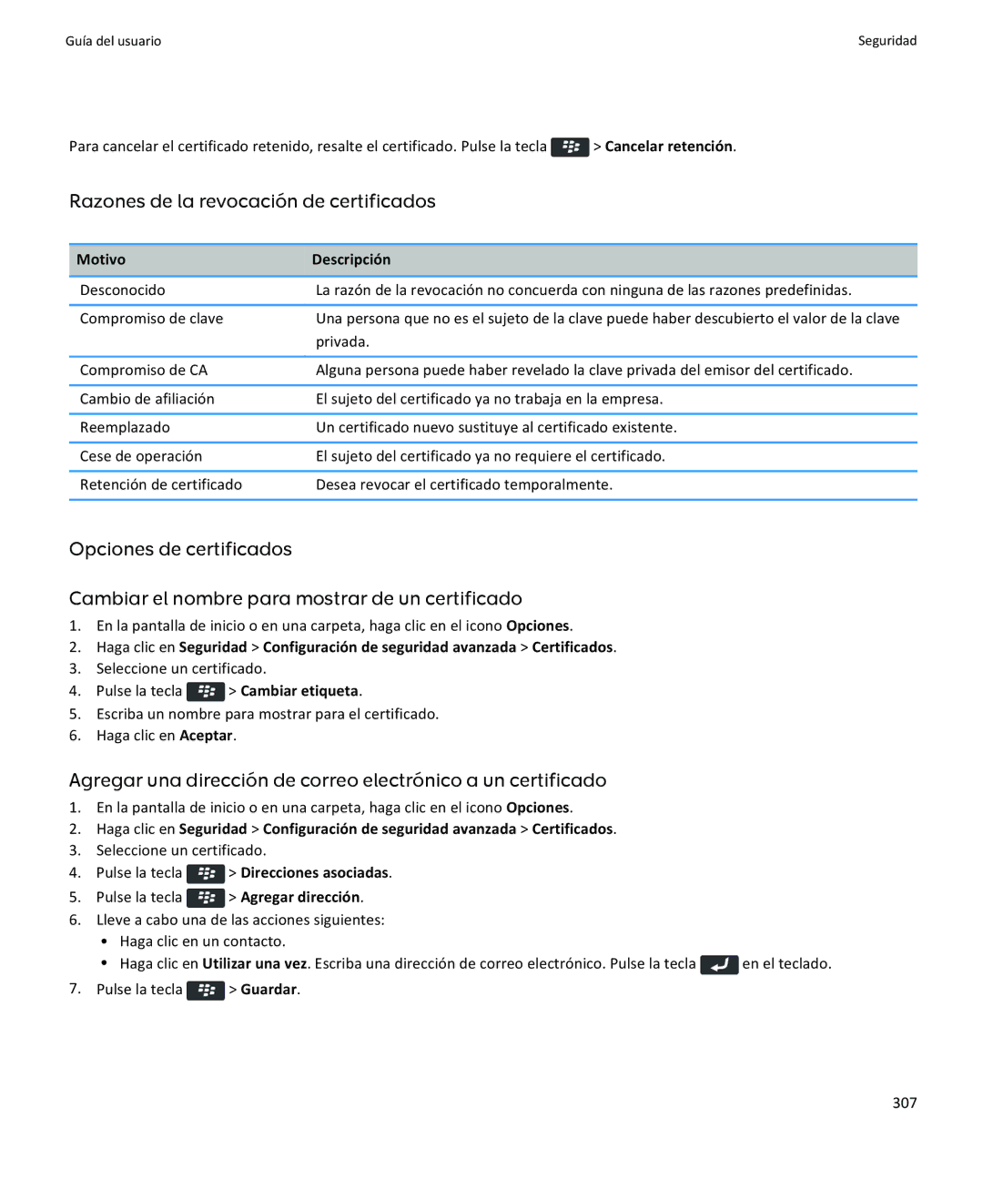 Apple 9360, 9350, 9370 Razones de la revocación de certificados, Motivo Descripción, Pulse la tecla Direcciones asociadas 