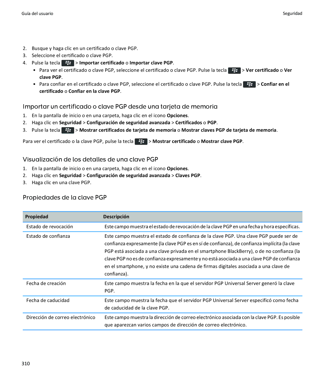 Apple 9360, 9350, 9370 manual Visualización de los detalles de una clave PGP, Propiedades de la clave PGP 