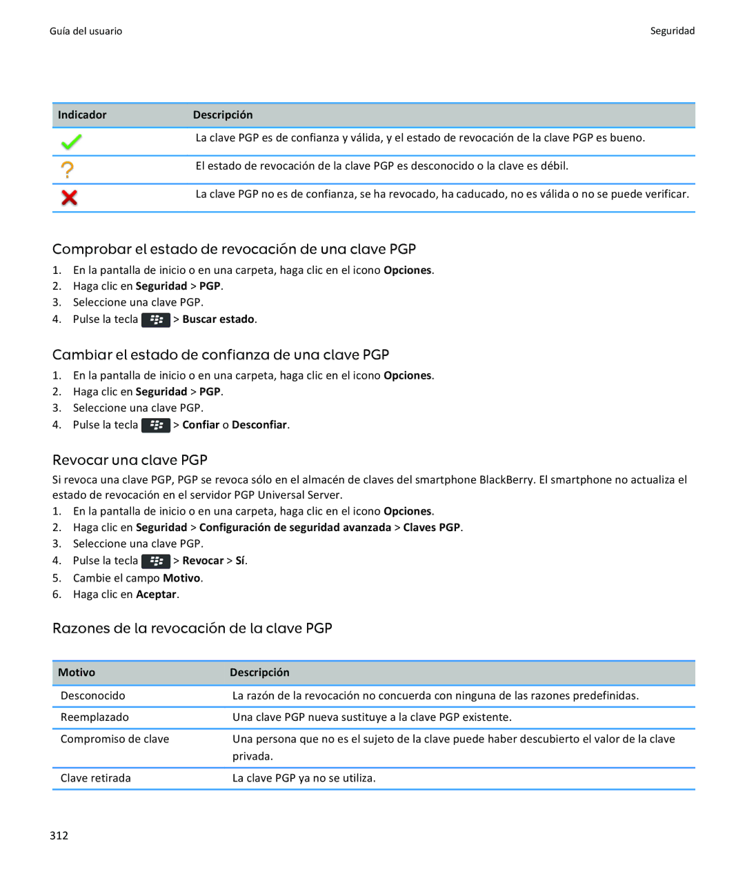 Apple 9370, 9360, 9350 Comprobar el estado de revocación de una clave PGP, Cambiar el estado de confianza de una clave PGP 