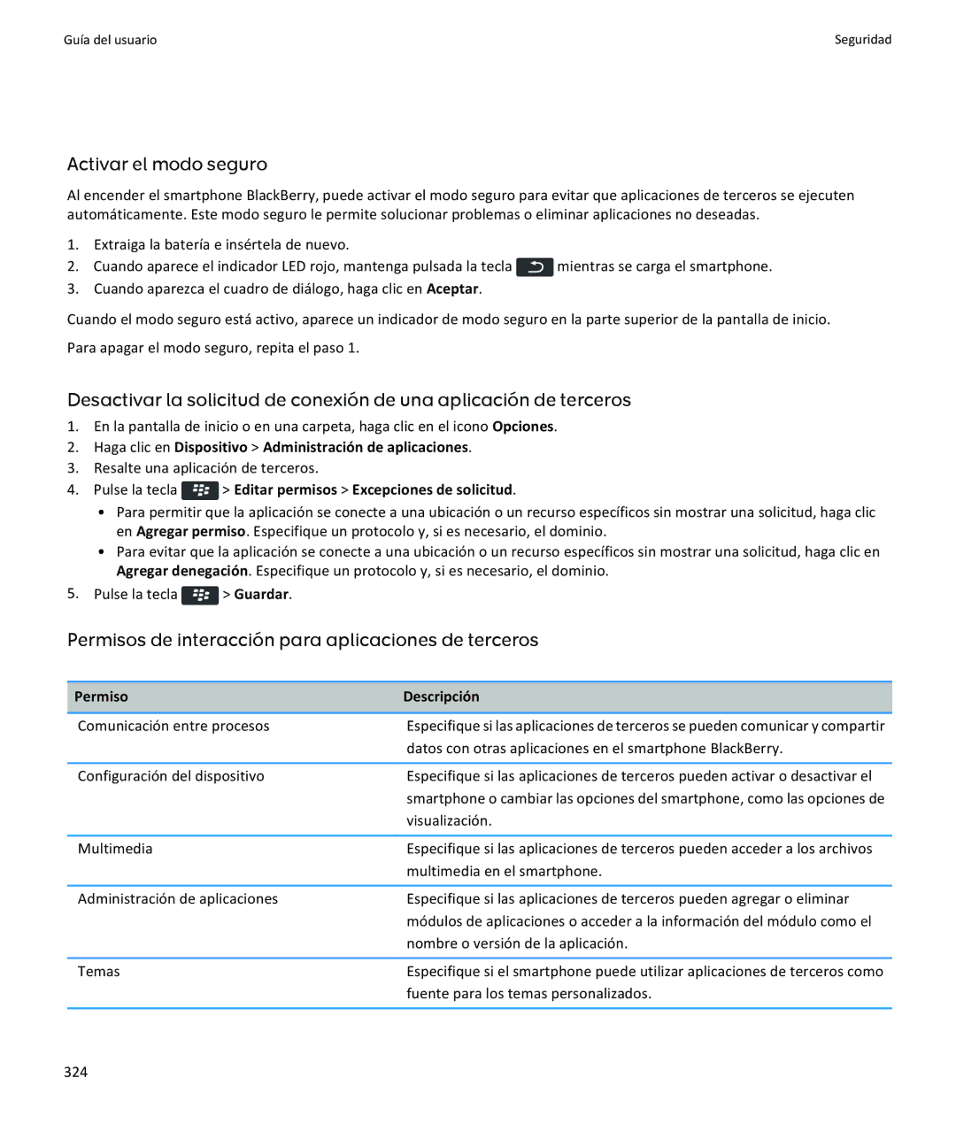 Apple 9370, 9360, 9350 manual Activar el modo seguro, Permisos de interacción para aplicaciones de terceros 