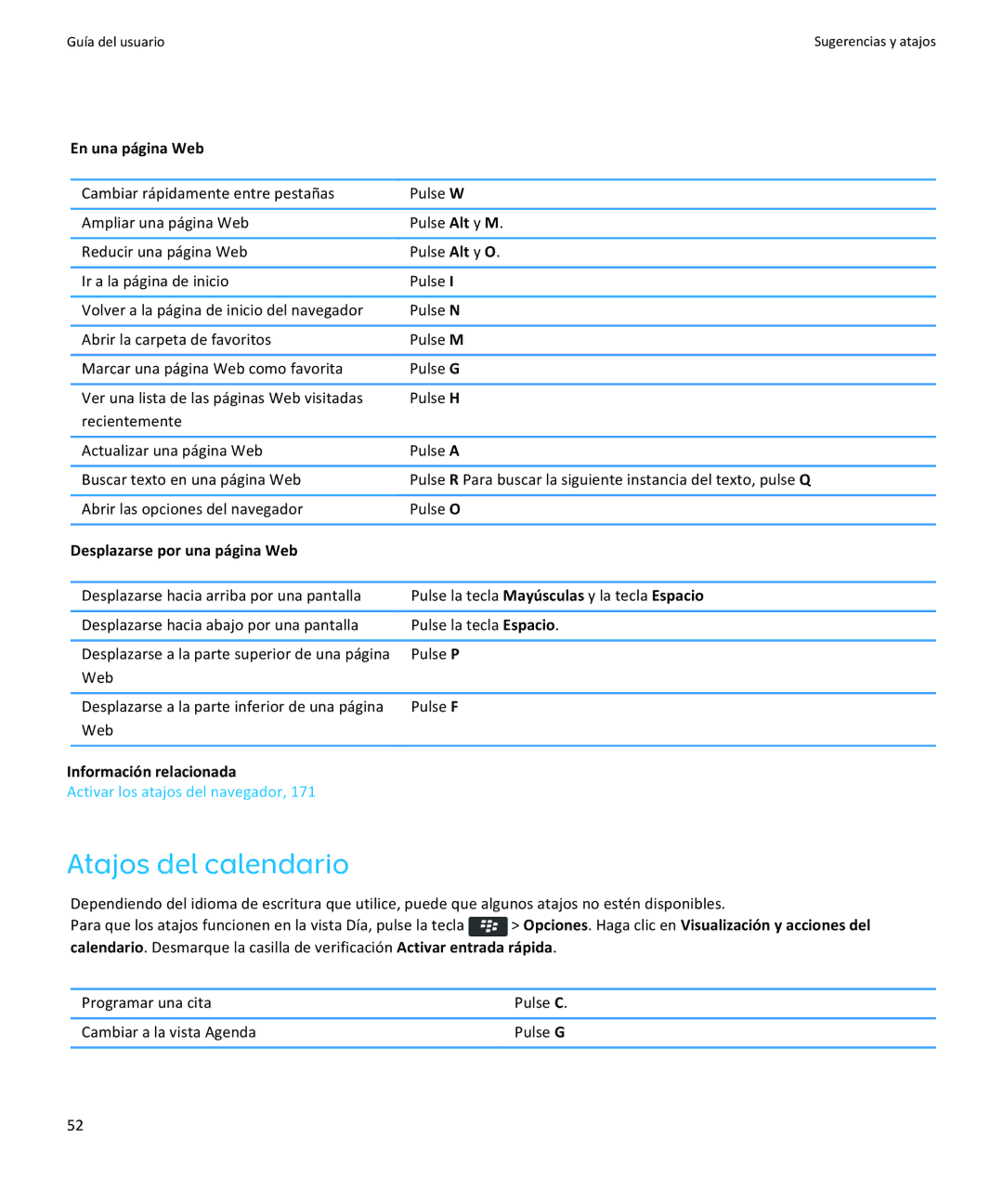 Apple 9360, 9350, 9370 manual Atajos del calendario, En una página Web, Desplazarse por una página Web 