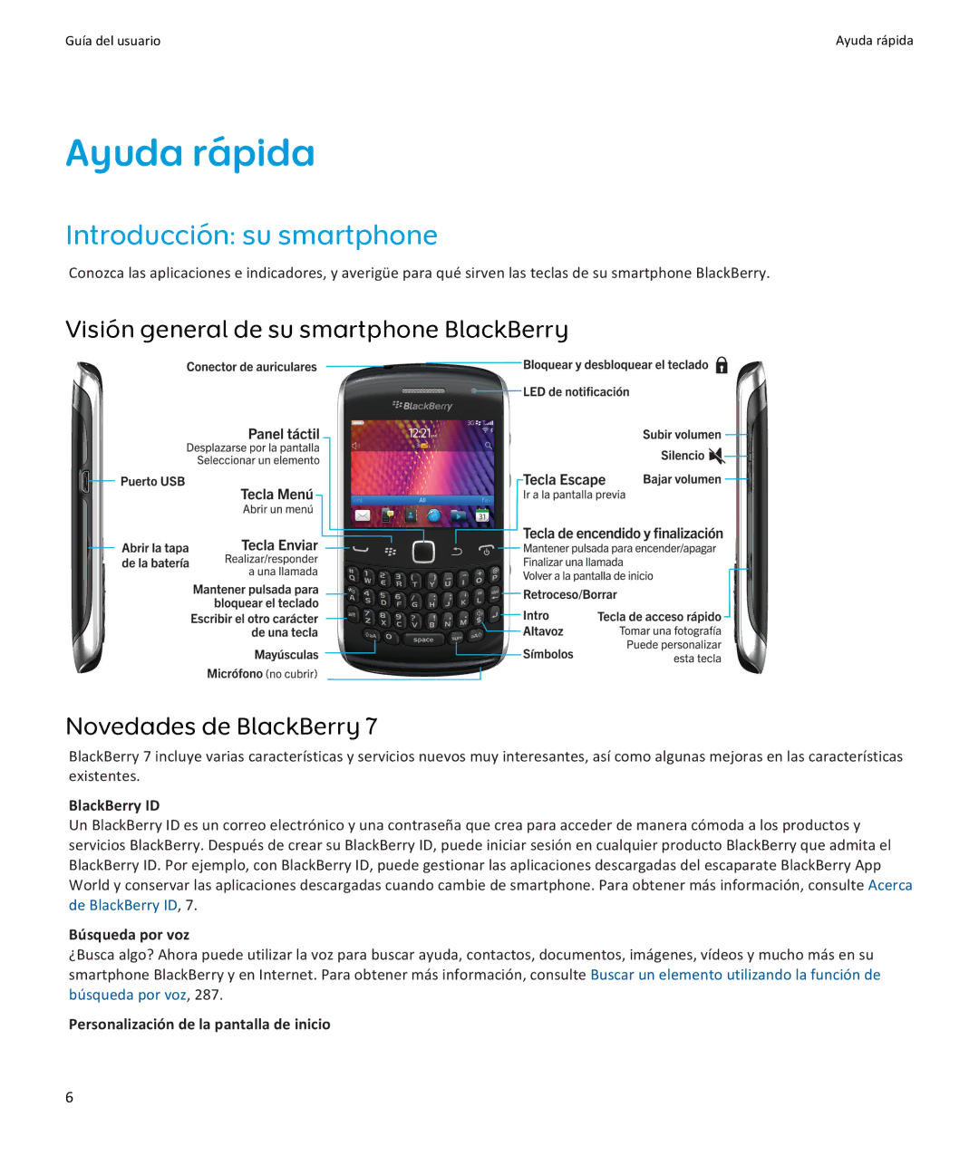 Apple 9370, 9360, 9350 manual Ayuda rápida, Introducción su smartphone, BlackBerry ID, Búsqueda por voz 