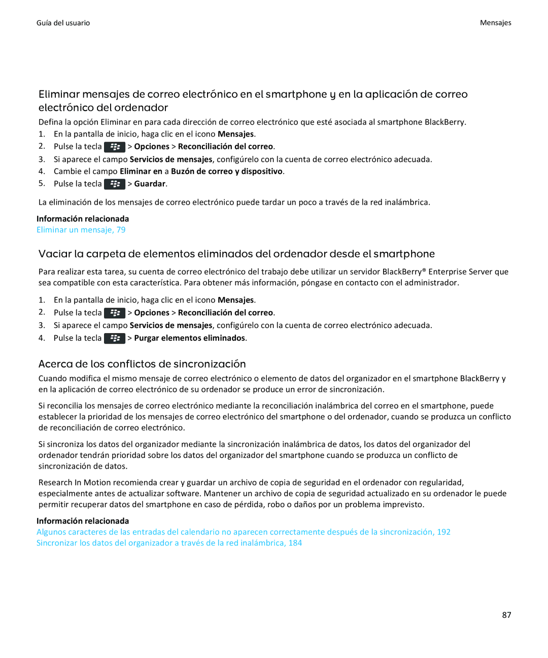 Apple 9370, 9360 Acerca de los conflictos de sincronización, Cambie el campo Eliminar en a Buzón de correo y dispositivo 