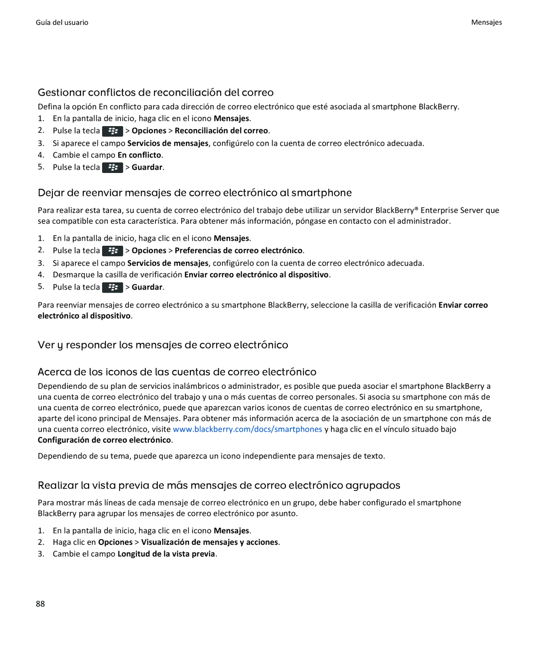 Apple 9360 Gestionar conflictos de reconciliación del correo, Pulse la tecla Opciones Preferencias de correo electrónico 