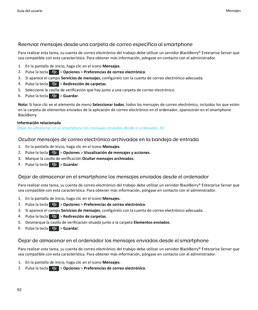 Apple 9350, 9360, 9370 Pulse la tecla Opciones Preferencias de correo electrónico, Pulse la tecla Redirección de carpetas 