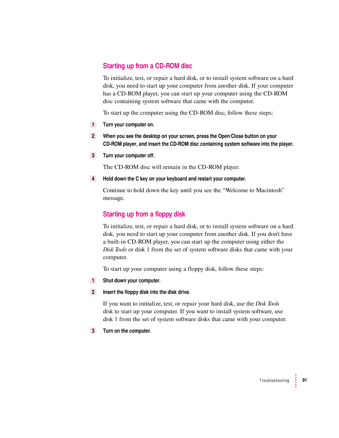 Apple 9500 Series manual Starting up from a CD-ROM disc, Starting up from a floppy disk 