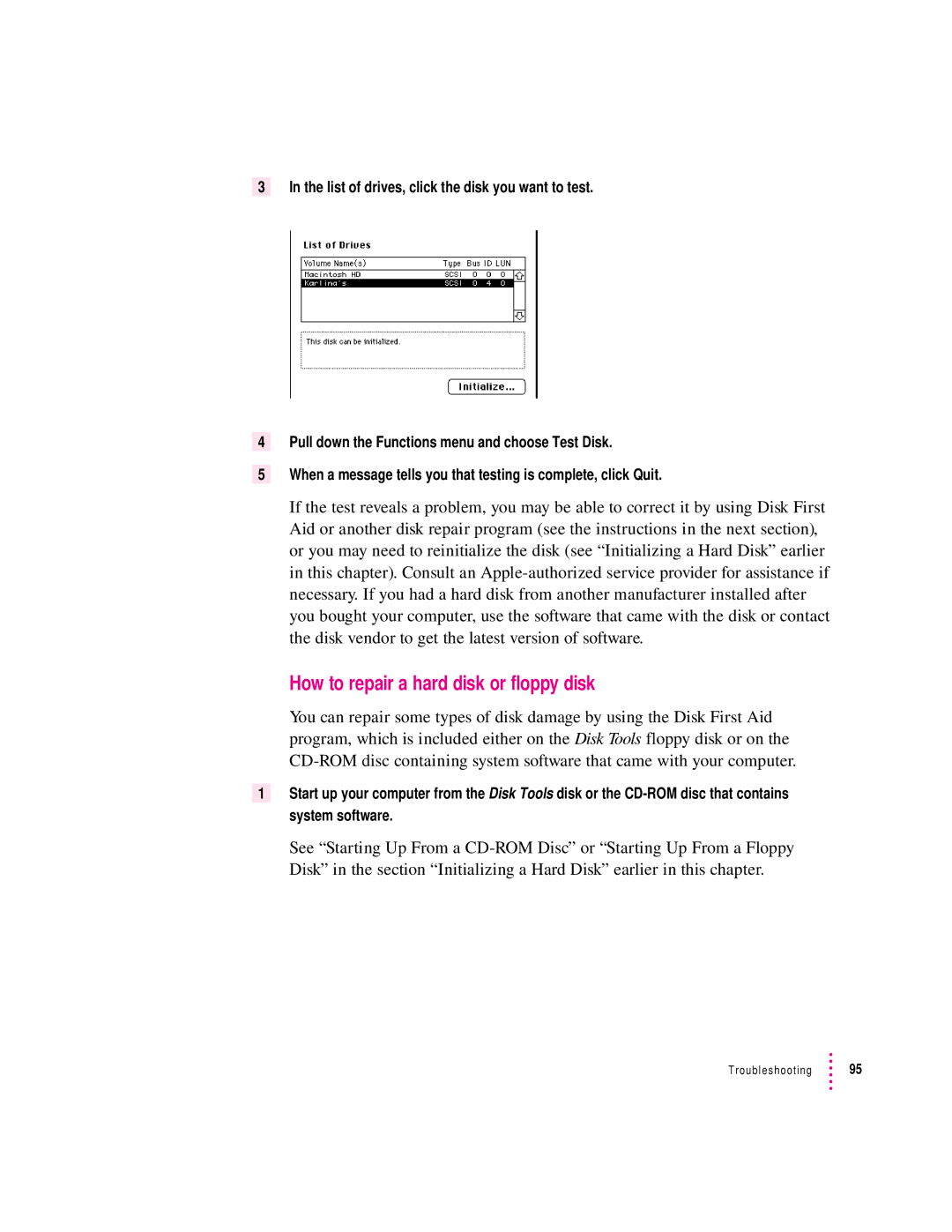 Apple 9500 Series manual How to repair a hard disk or floppy disk 