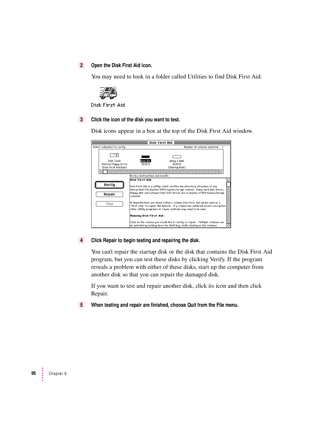 Apple 9500 Series manual Open the Disk First Aid icon 