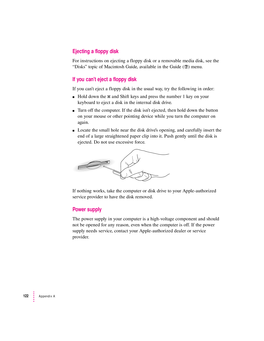 Apple 9500 Series manual Ejecting a floppy disk, If you can’t eject a floppy disk, Power supply 