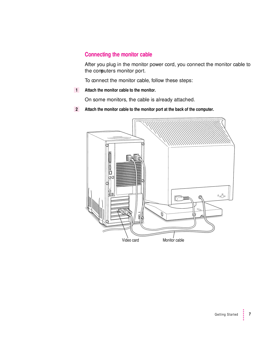 Apple 9500 Series manual Connecting the monitor cable, On some monitors, the cable is already attached 