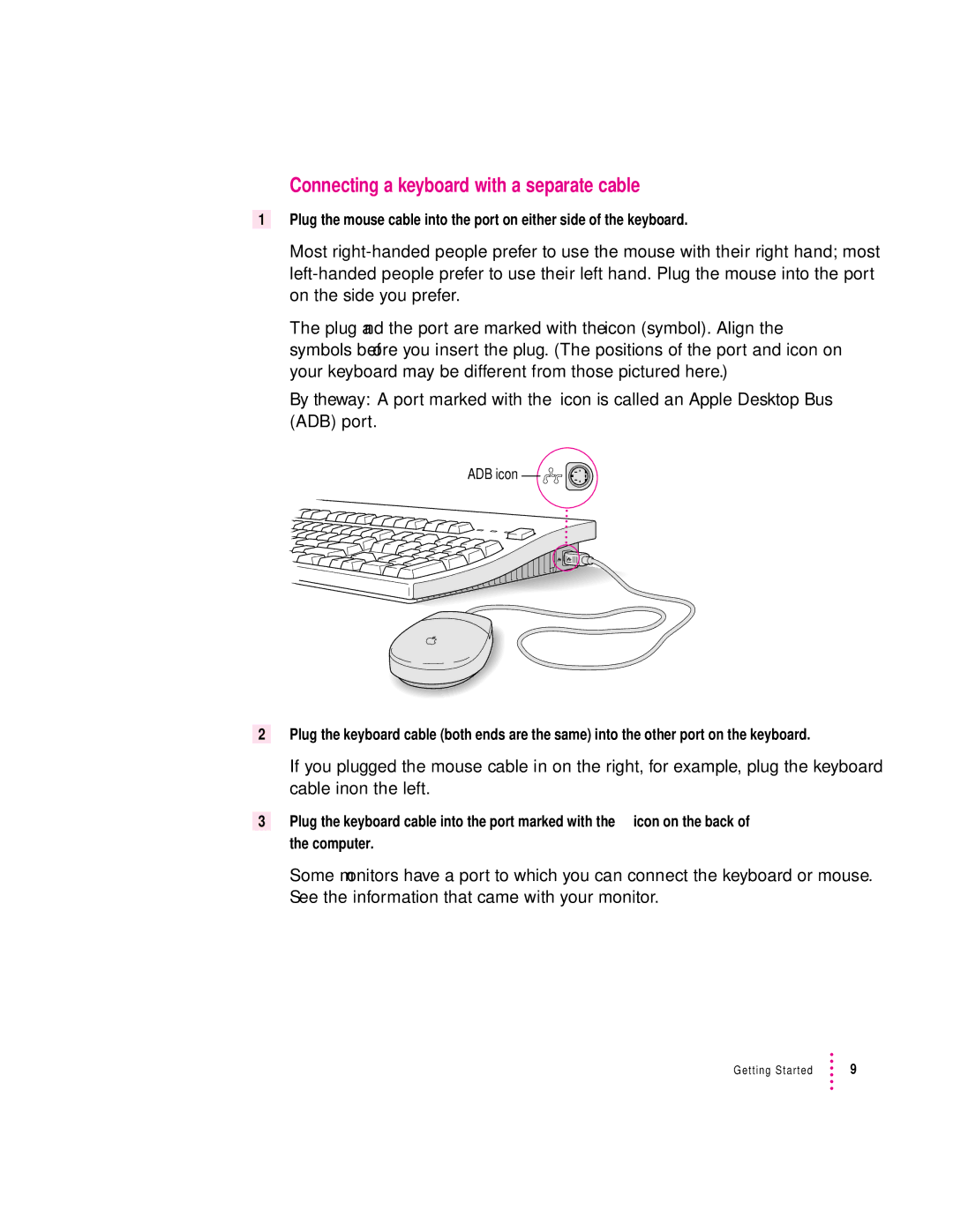 Apple 9500 Series manual Connecting a keyboard with a separate cable 