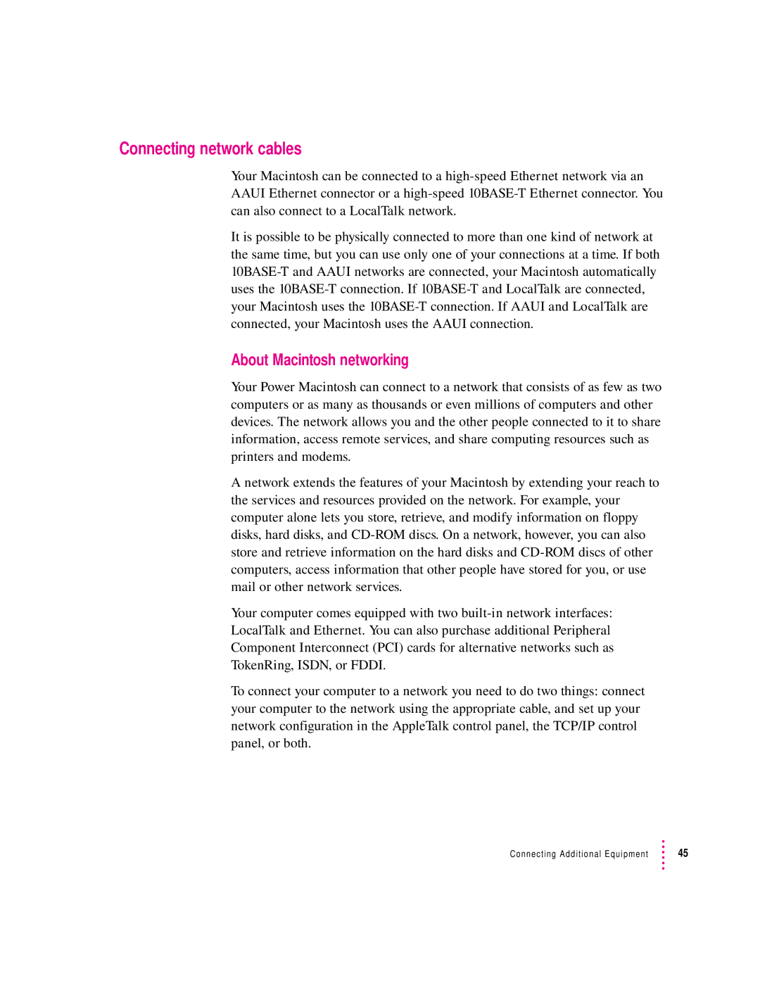 Apple 9500 Series manual Connecting network cables, About Macintosh networking 