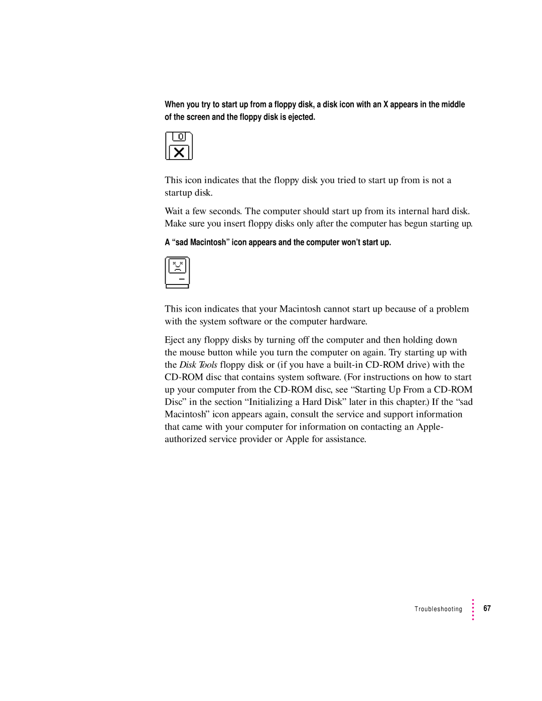 Apple 9500 Series manual Sad Macintosh icon appears and the computer won’t start up 