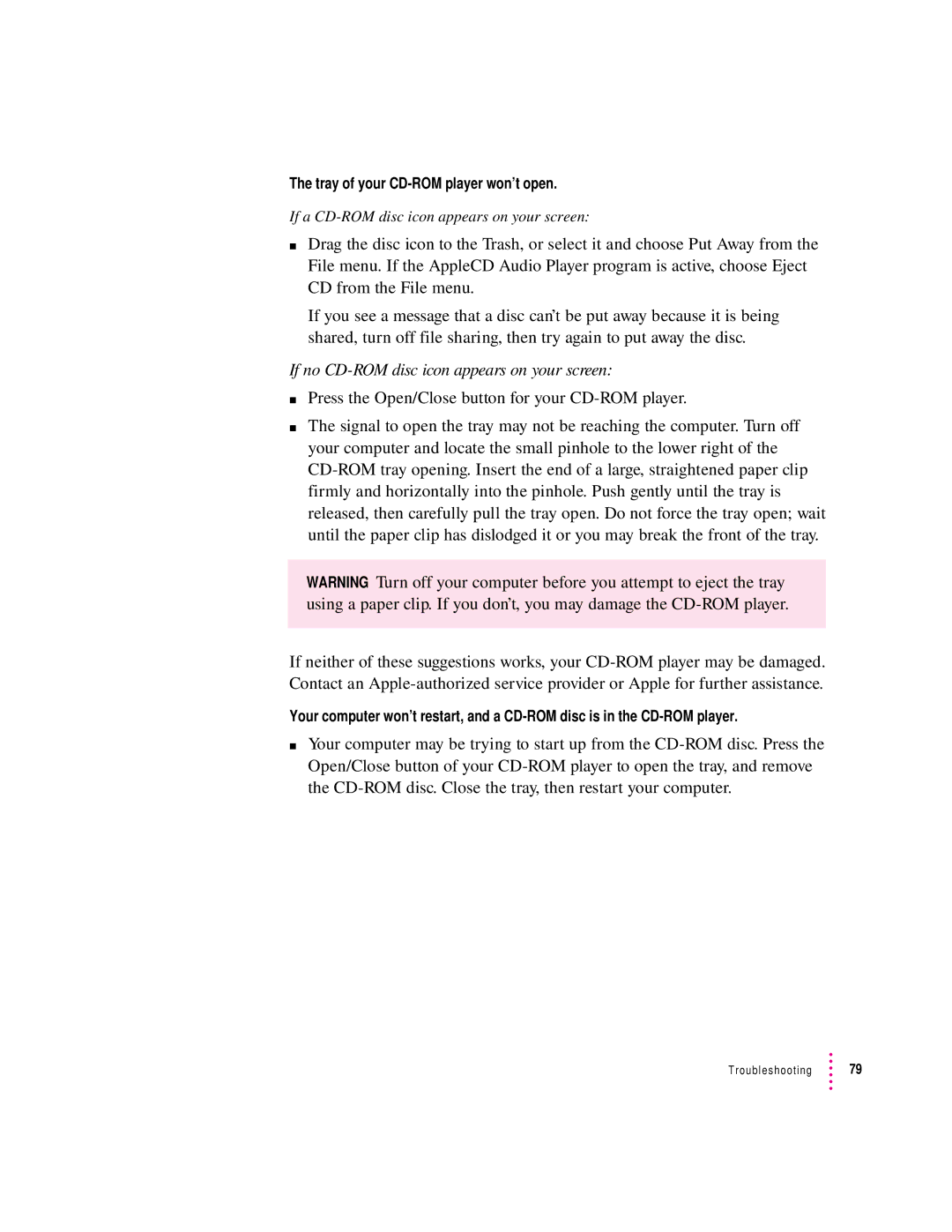 Apple 9500 Series manual Tray of your CD-ROM player won’t open 