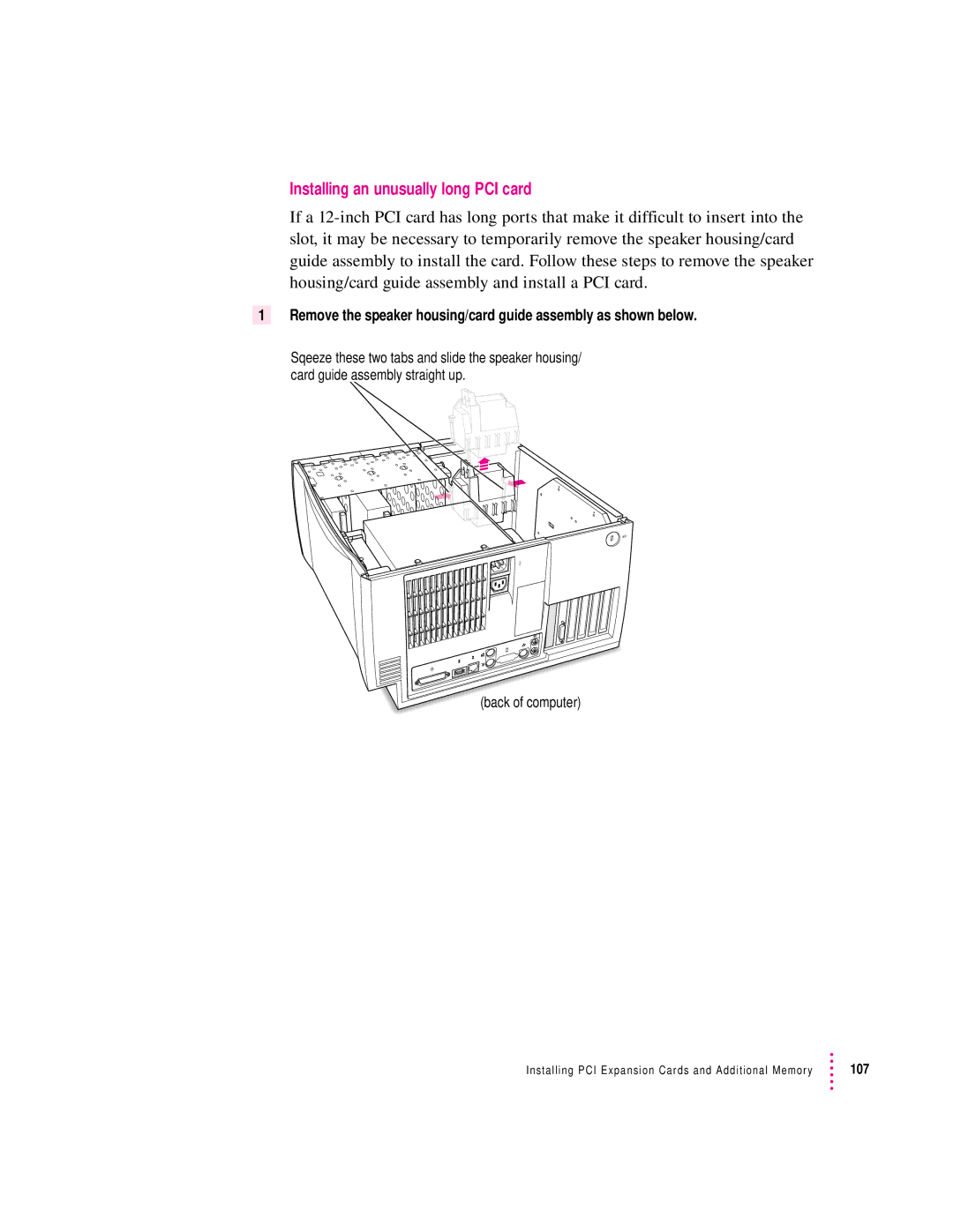 Apple 9600 manual Installing an unusually long PCI card 