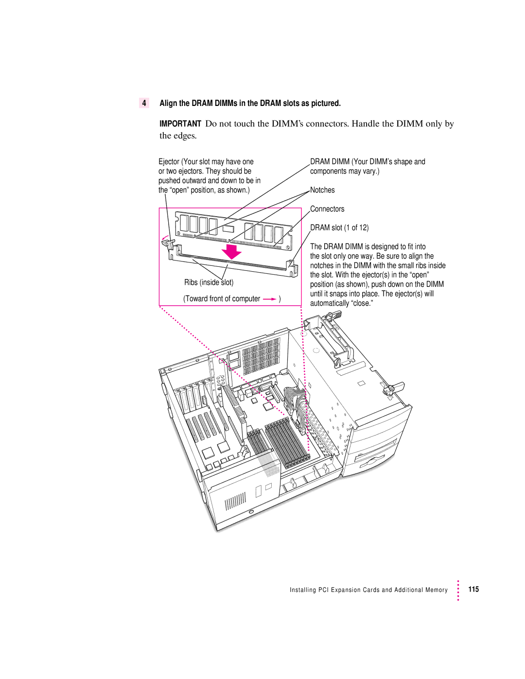 Apple 9600 manual Align the Dram DIMMs in the Dram slots as pictured 