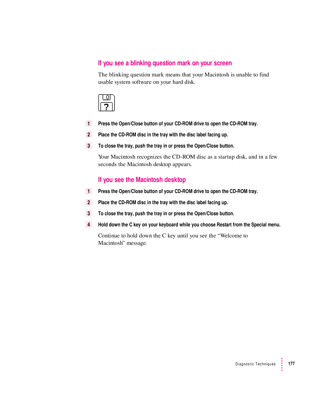 Apple 9600 manual If you see a blinking question mark on your screen, If you see the Macintosh desktop 