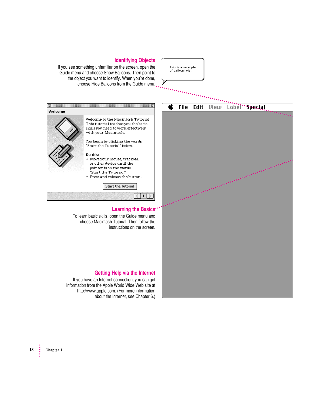 Apple 9600 manual Identifying Objects, Learning the Basics, Getting Help via the Internet 