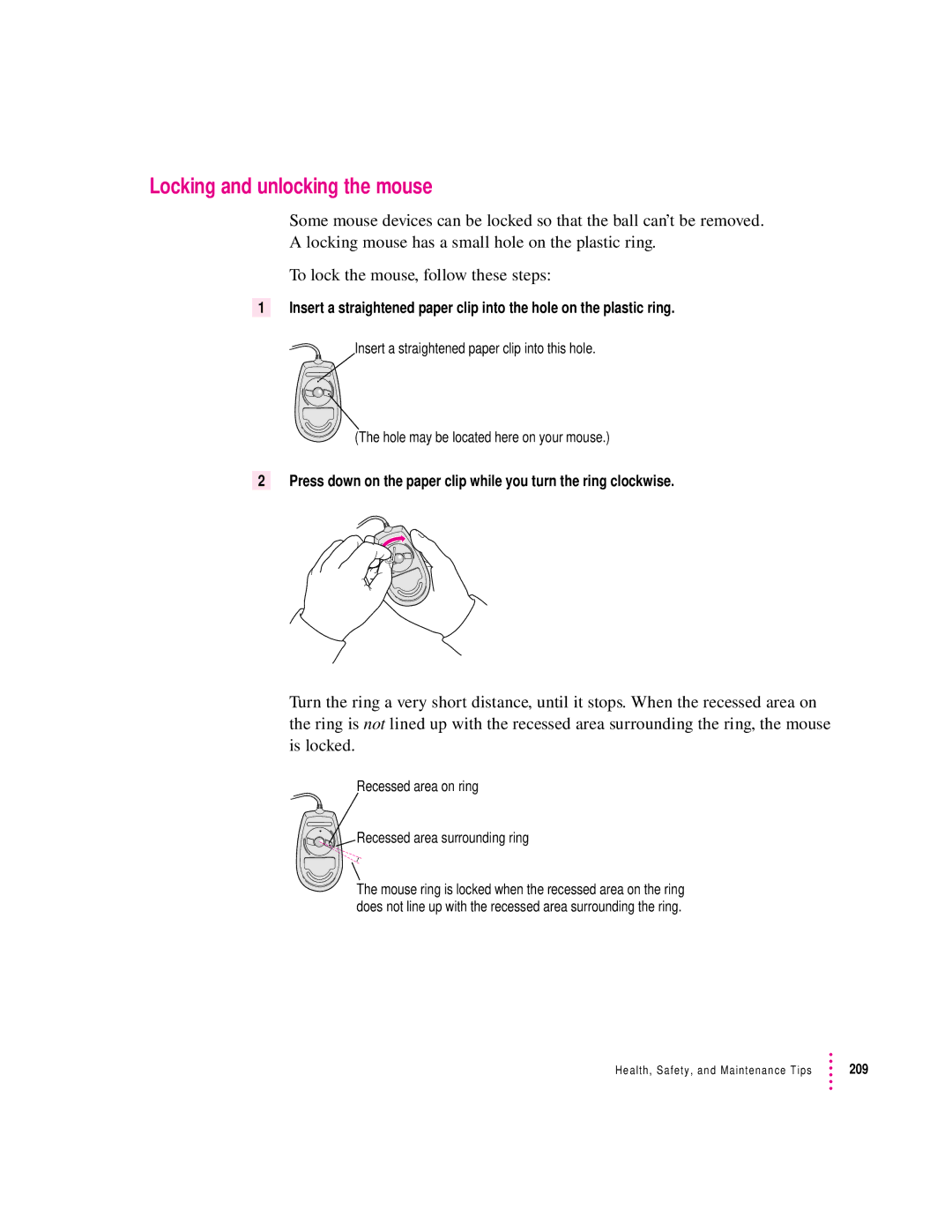 Apple 9600 manual Locking and unlocking the mouse, Recessed area on ring Recessed area surrounding ring 