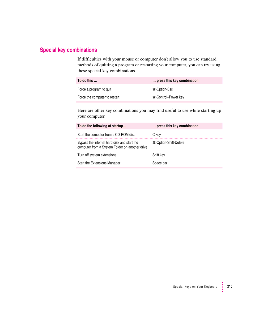 Apple 9600 manual Special key combinations 