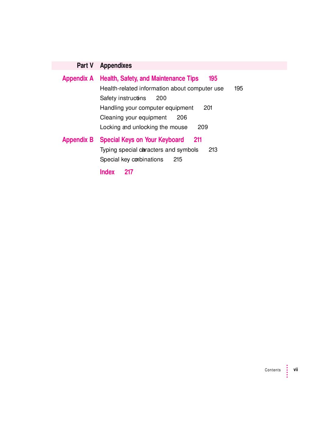 Apple 9600 manual Appendix a, 195, Index 217, Appendix B Special Keys on Your Keyboard 211 