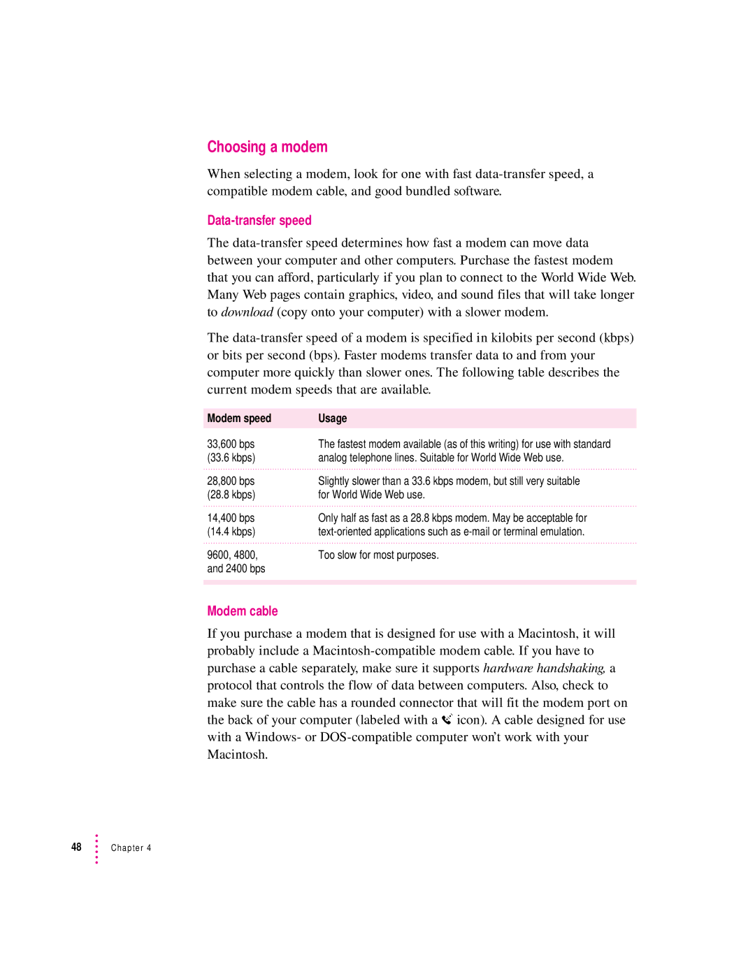 Apple 9600 manual Choosing a modem, Data-transfer speed, Modem cable 