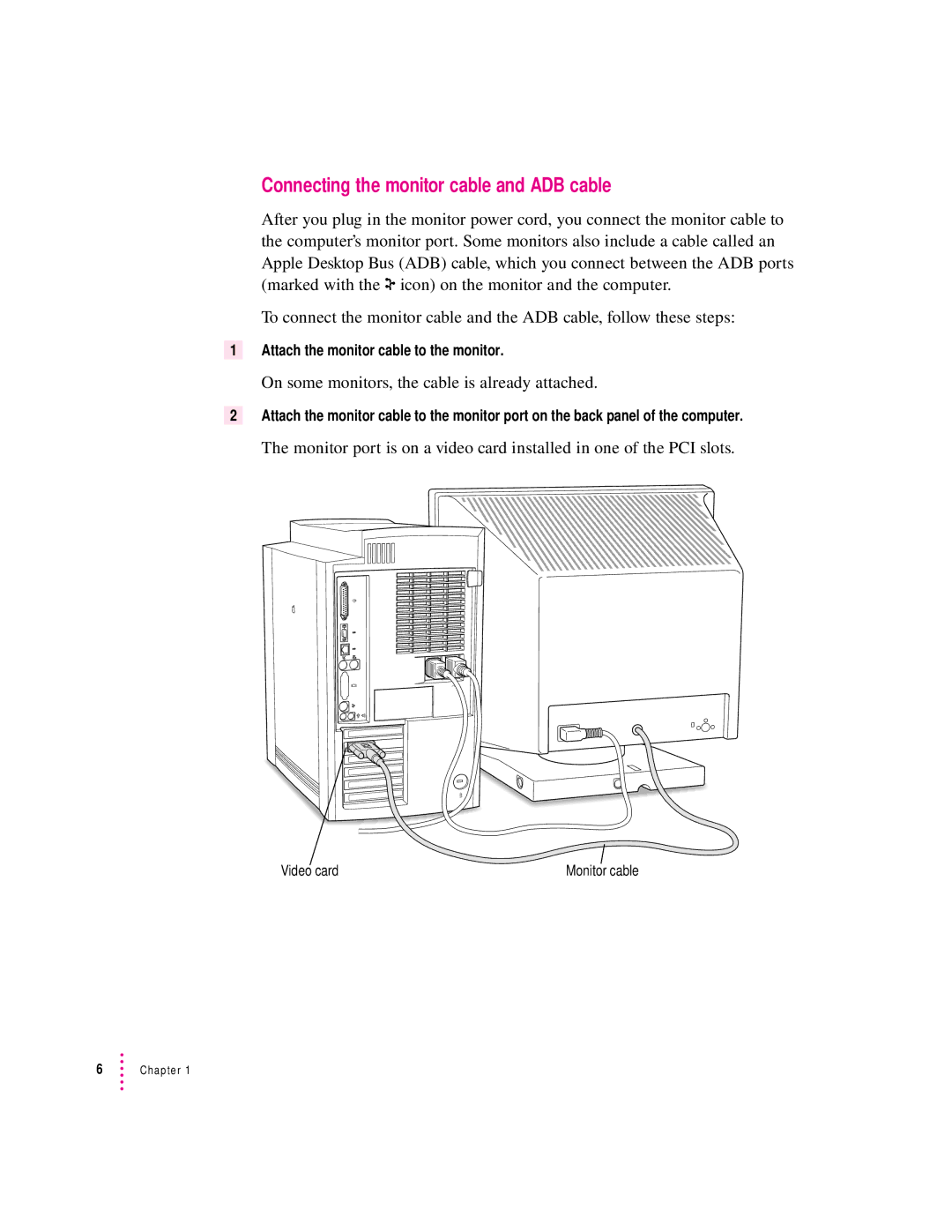 Apple 9600 manual Connecting the monitor cable and ADB cable, Video card 