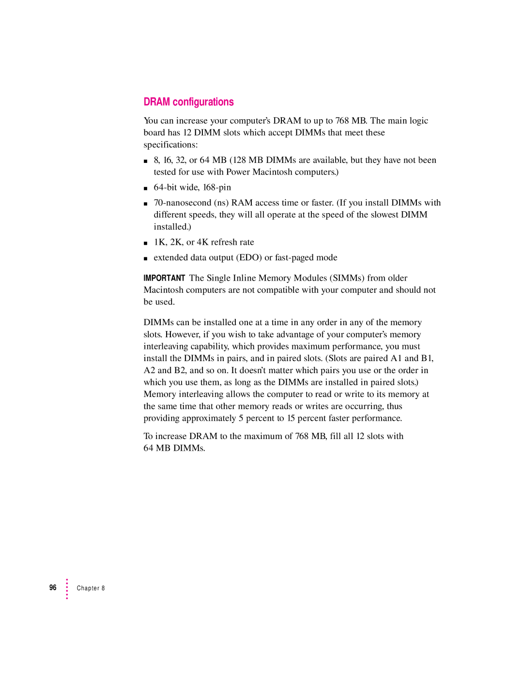 Apple 9600 manual Dram configurations 