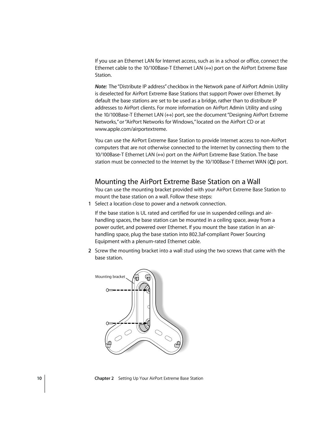 Apple A1034, MA073LL/A setup guide Mounting the AirPort Extreme Base Station on a Wall 