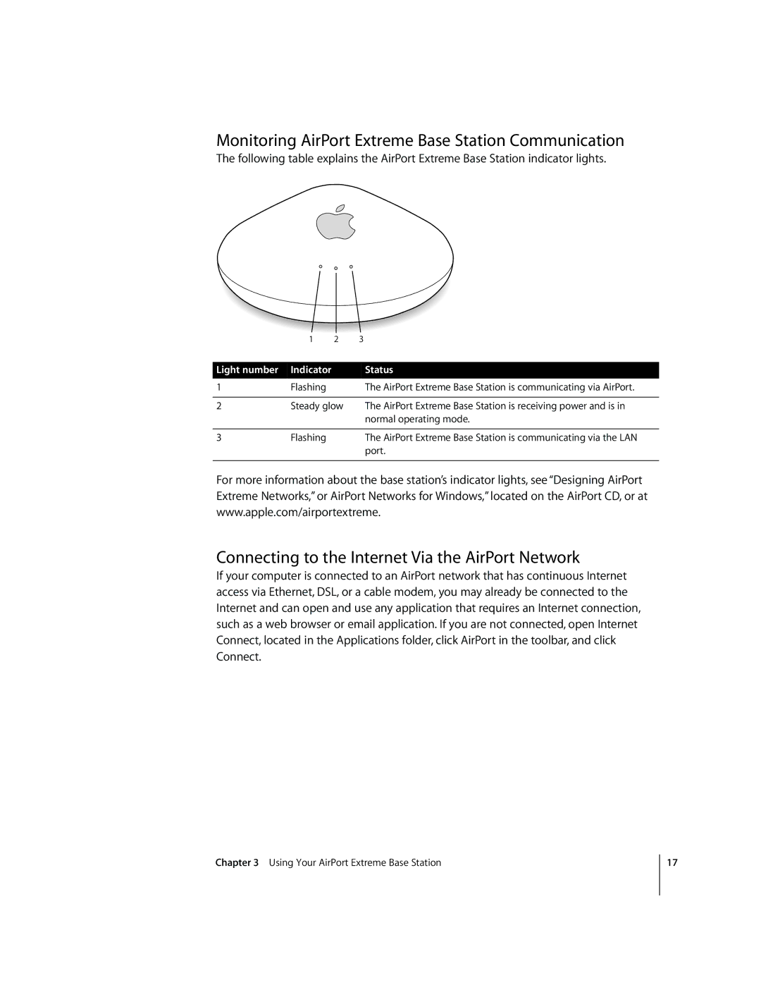 Apple MA073LL/A Monitoring AirPort Extreme Base Station Communication, Connecting to the Internet Via the AirPort Network 