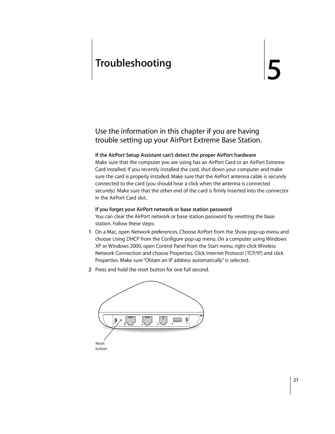 Apple MA073LL/A, A1034 setup guide Troubleshooting5, If you forget your AirPort network or base station password 