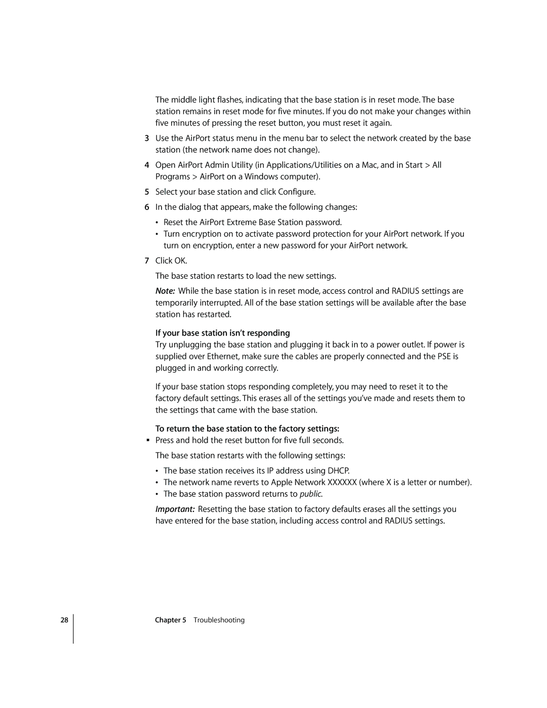 Apple A1034, MA073LL/A setup guide If your base station isn’t responding, To return the base station to the factory settings 