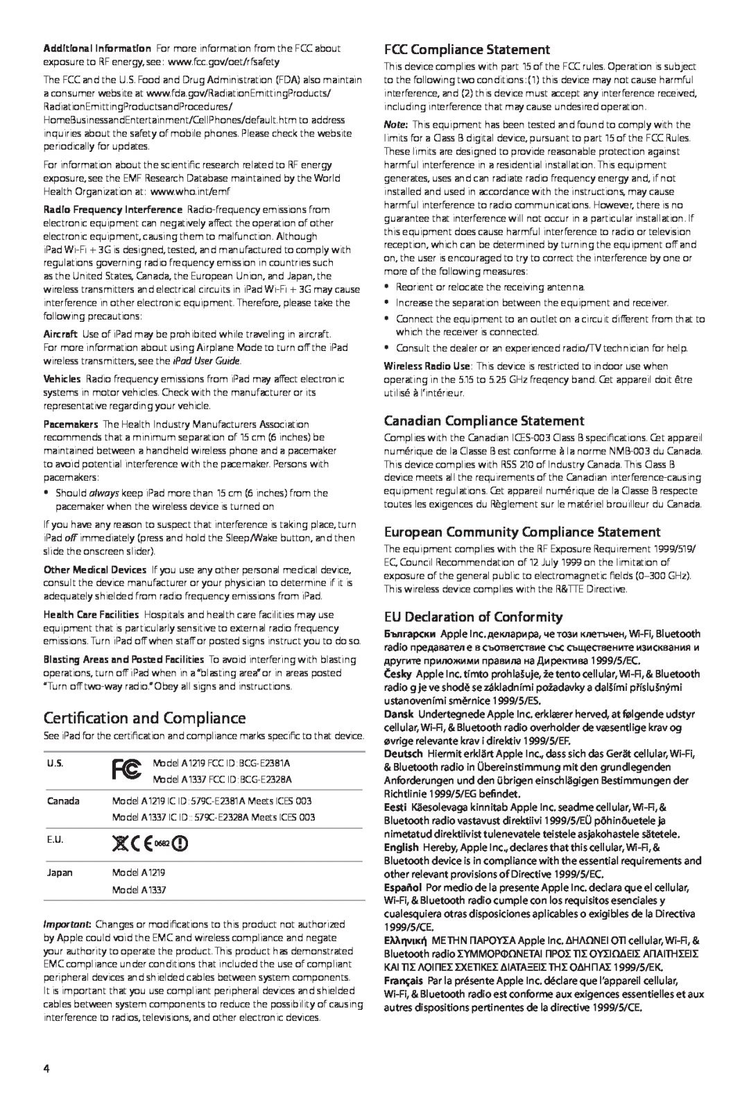 Apple A1219, 034-5320-A manual Certification and Compliance, FCC Compliance Statement, Canadian Compliance Statement 