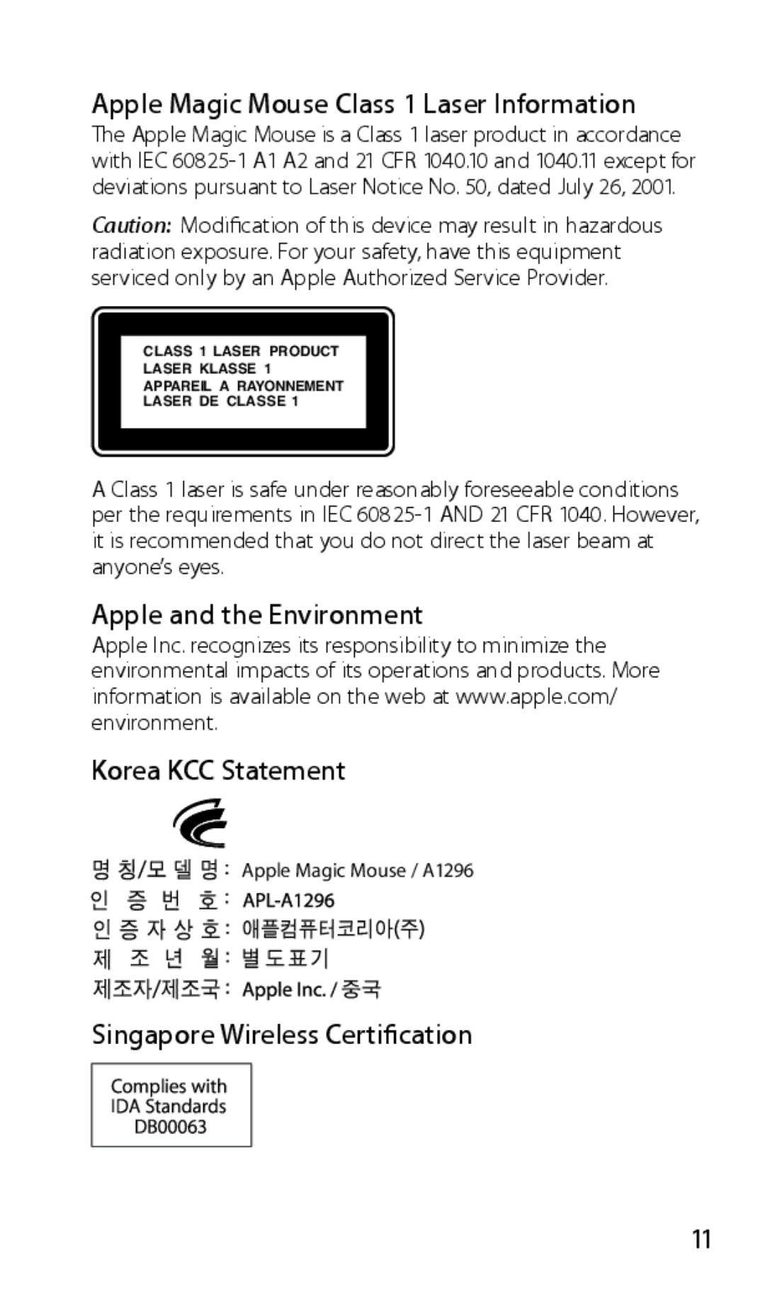 Apple 034-5283-A, A1296 manual Apple Magic Mouse Class 1 Laser Information, Apple and the Environment Korea KCC Statement 