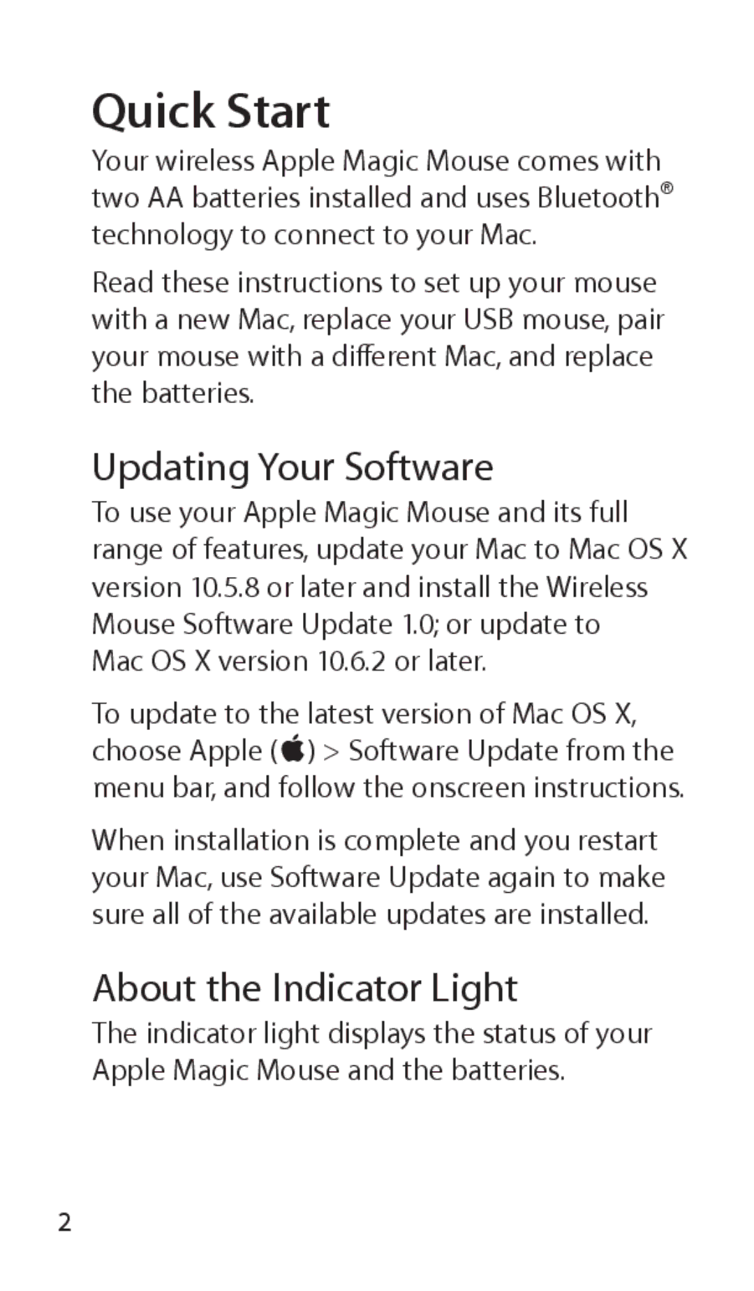 Apple Magic Mouse, A1296, MB829LL/A, 034-5283-A manual Updating Your Software, About the Indicator Light 