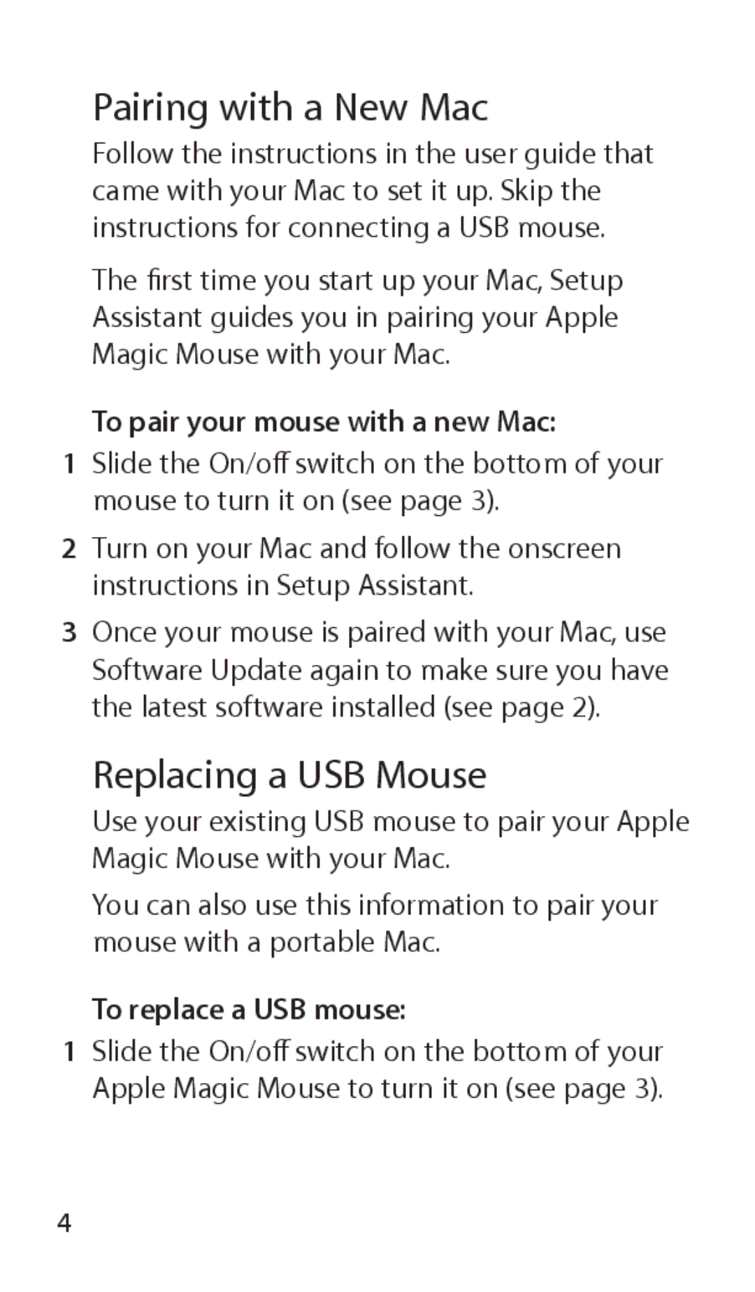 Apple A1296 manual Pairing with a New Mac, Replacing a USB Mouse, To pair your mouse with a new Mac, To replace a USB mouse 