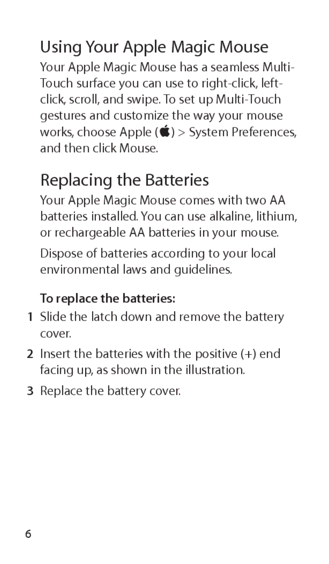 Apple A1296, MB829LL/A, 034-5283-A manual Using Your Apple Magic Mouse, Replacing the Batteries, To replace the batteries 