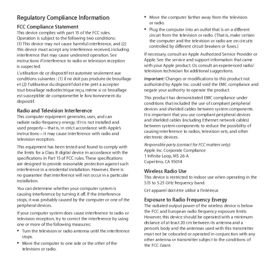 Apple A1378 manual Regulatory Compliance Information, Infinite Loop, MS 26-A Cupertino, CA 