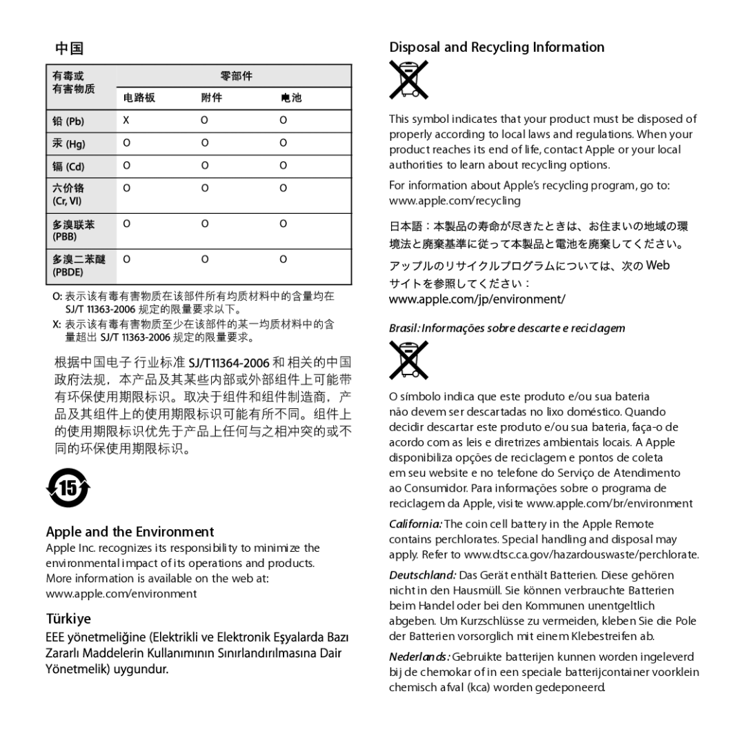 Apple A1378 manual Brasil Informações sobre descarte e reciclagem 