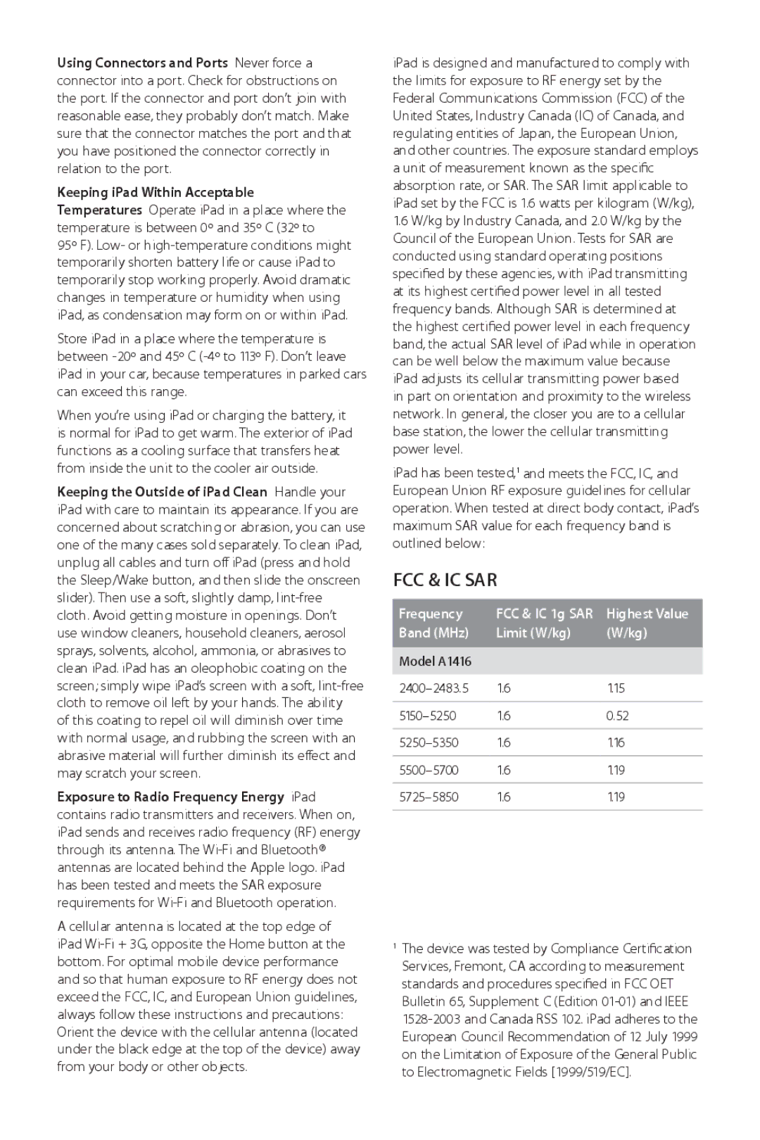 Apple A1416 manual Fcc & Ic Sar 