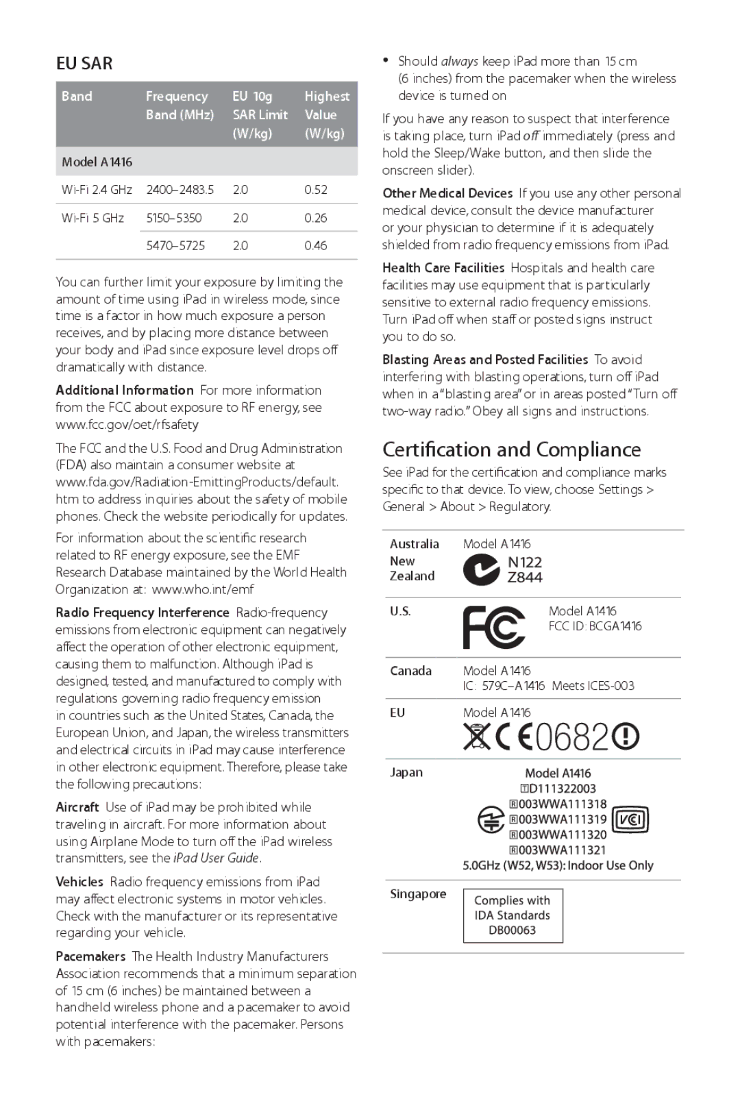 Apple A1416 manual Certification and Compliance, Eu Sar 