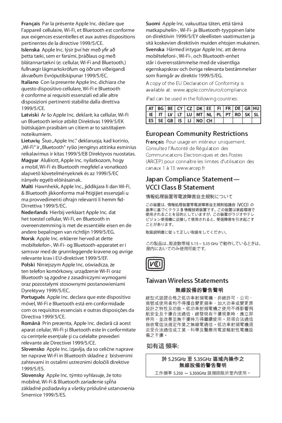 Apple A1416 manual European Community Restrictions, Taiwan Wireless Statements 