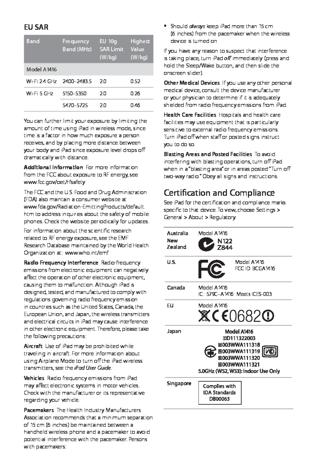 Apple A1416 manual Certification and Compliance, Eu Sar, EU 10g, Highest, Value, Frequency, Band MHz, W/kg 
