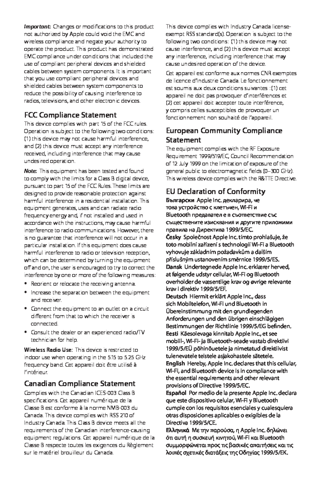Apple A1416 manual FCC Compliance Statement, Canadian Compliance Statement, European Community Compliance Statement 