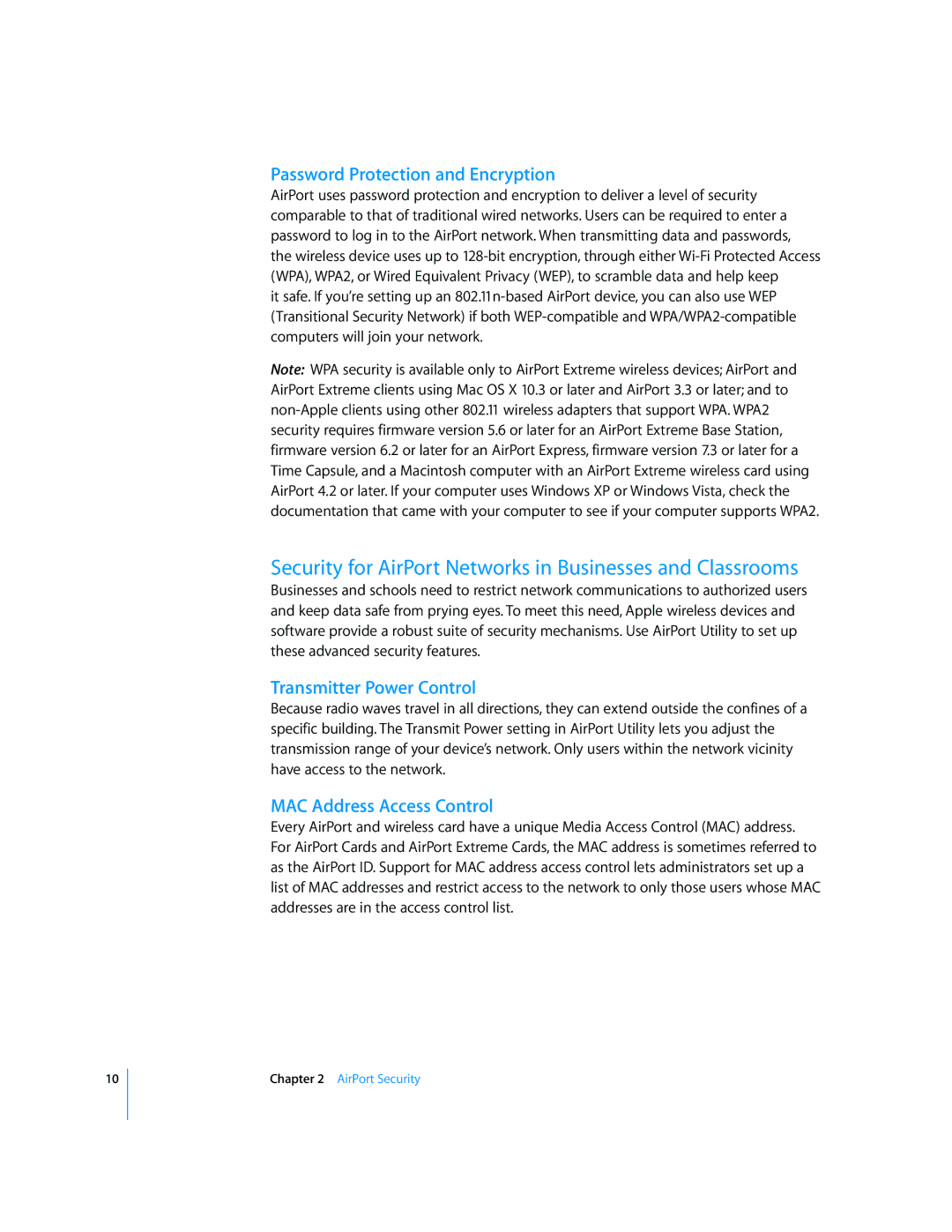 Apple manual Security for AirPort Networks in Businesses and Classrooms, Password Protection and Encryption 